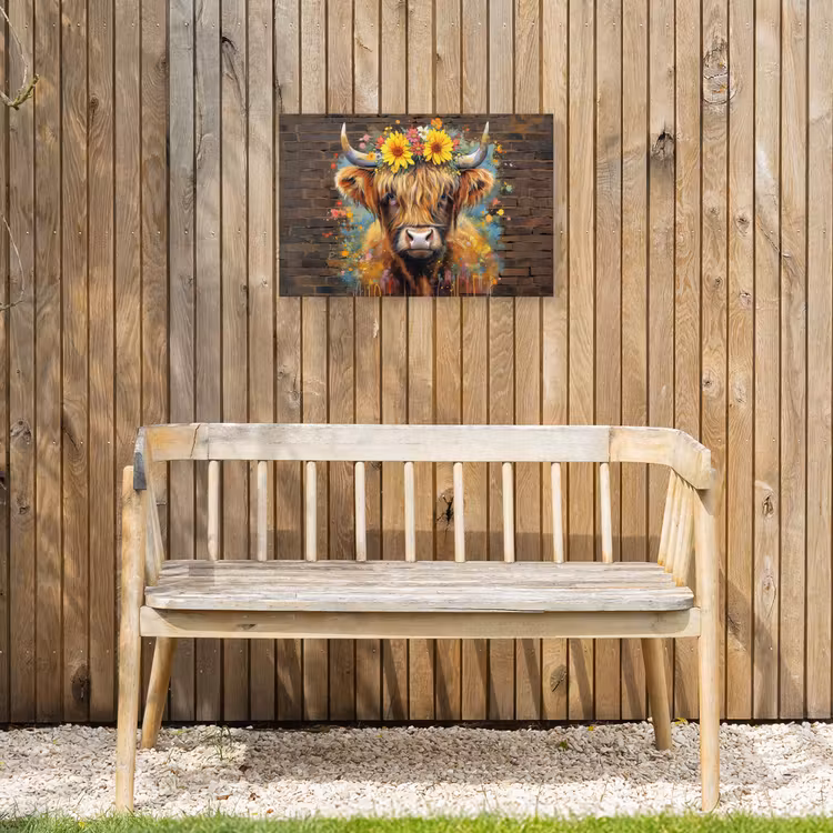 Hooglander met Bloemenkroon Tuinposter op houten frame 2 cm dik klein -sfeer4