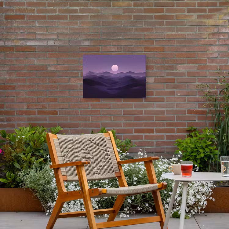 Heuvels - Paars - Mist - Zon Tuinposter op houten frame 2 cm dik klein -sfeer3