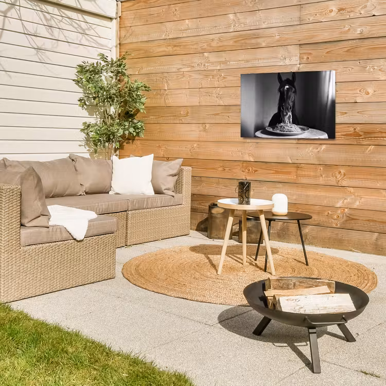Paard - Bord - Pasta - Tafelkleed - Zwart Wit - Dieren Tuinposter op houten frame 2 cm dik klein -sfeer2