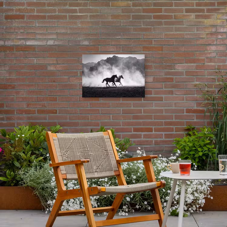 Paard - Ren - Stof - Zwart-wit - Dieren Tuinposter op houten frame 2 cm dik klein -sfeer3