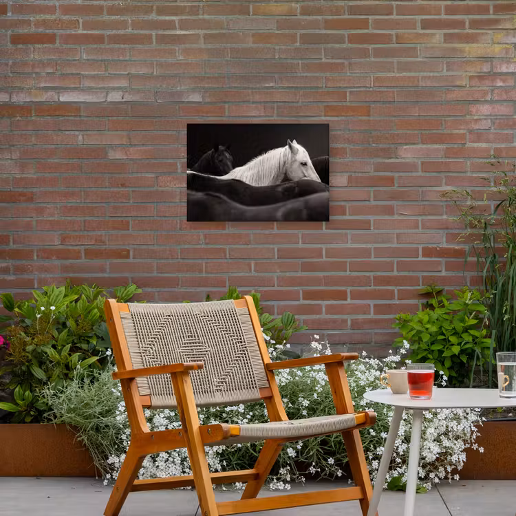 Paarden - Zwart - Wit - Kudde Tuinposter op houten frame 2 cm dik klein -sfeer3