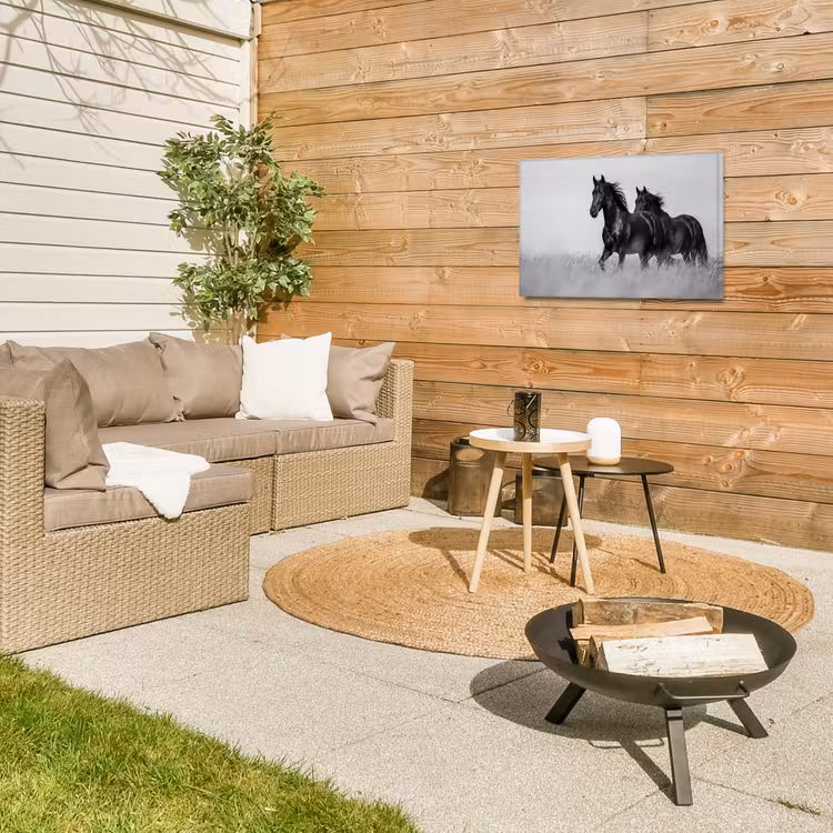 Paarden - Gras - Zwart - Wit Tuinposter op houten frame 2 cm dik klein -sfeer2