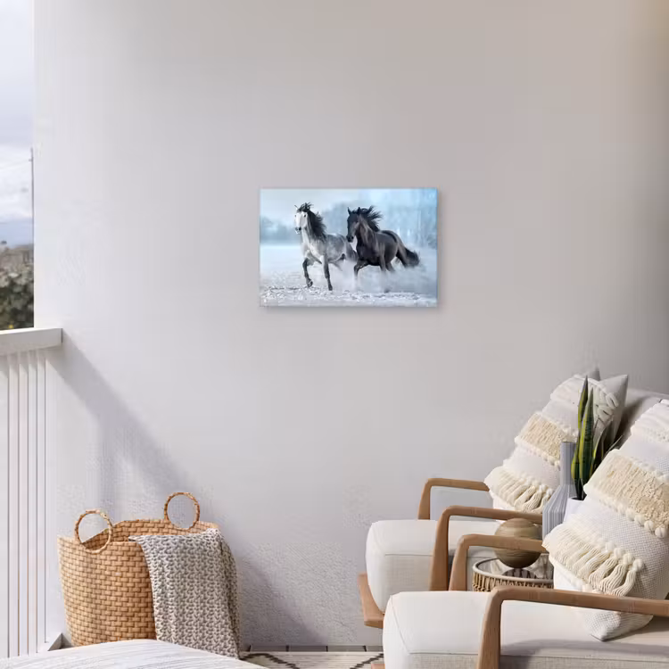 Paarden - Winter - Dieren - Natuur - Sneeuw Tuinposter op houten frame 2 cm dik klein -sfeer1