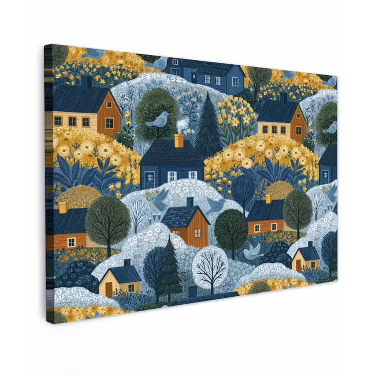 Huisjes - Bloemen - Patroon - Geel - Blauw Tuinposter op houten frame 2 cm dik klein 845 -3d