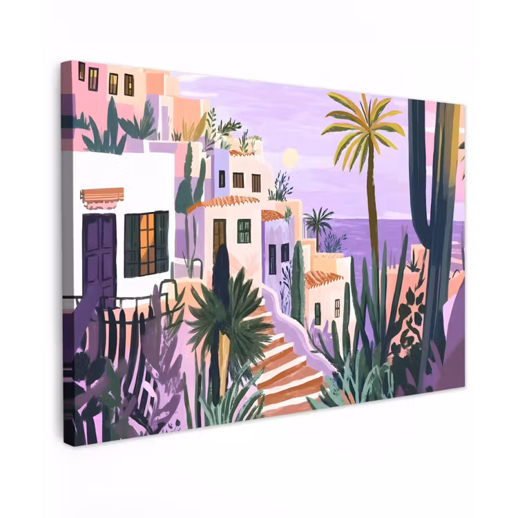 Huizen - Minimalistisch - Palmbomen - Kust Tuinposter op houten frame 2 cm dik klein -3d