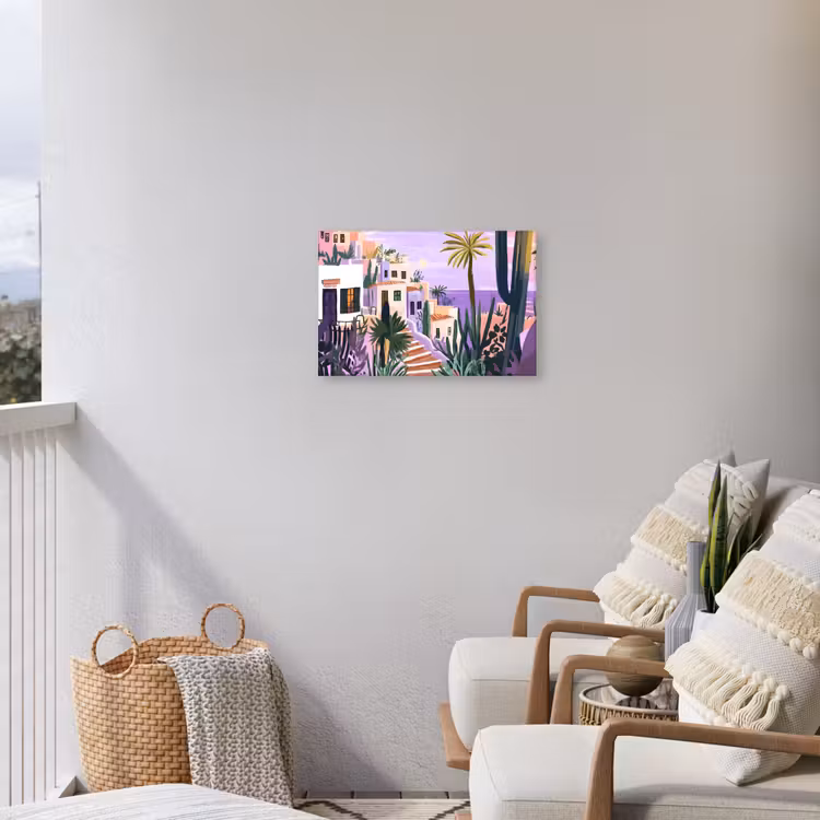 Huizen - Minimalistisch - Palmbomen - Kust Tuinposter op houten frame 2 cm dik klein -sfeer1