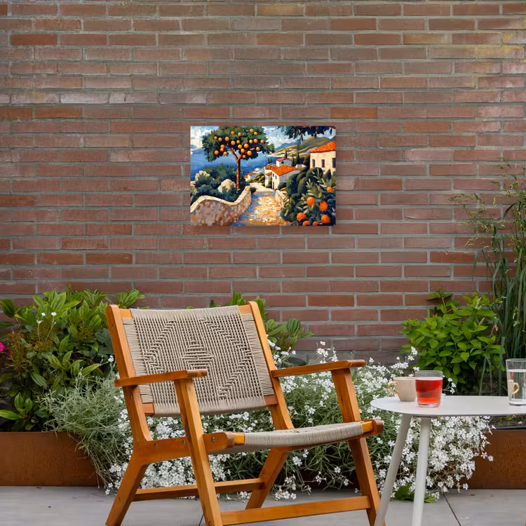 Huizen - Mozaïek - Sinaasappelbomen - Zee Tuinposter op houten frame 2 cm dik klein -sfeer3