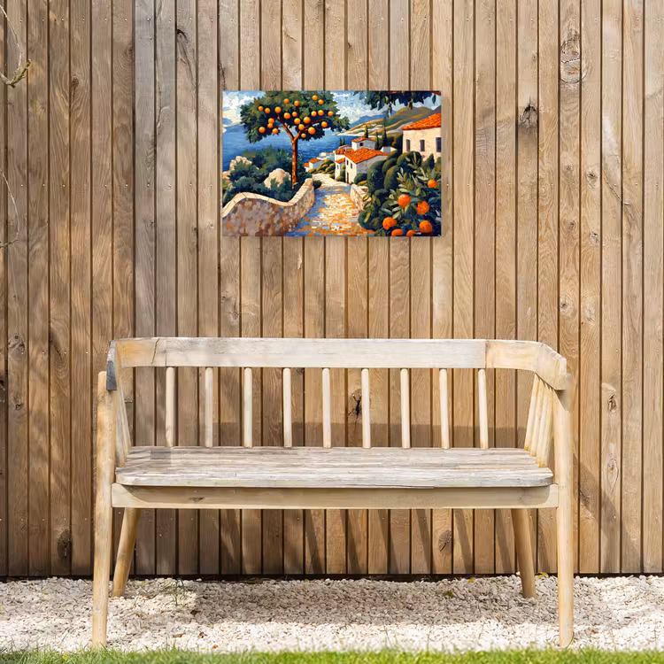 Huizen - Mozaïek - Sinaasappelbomen - Zee Tuinposter op houten frame 2 cm dik klein -sfeer4