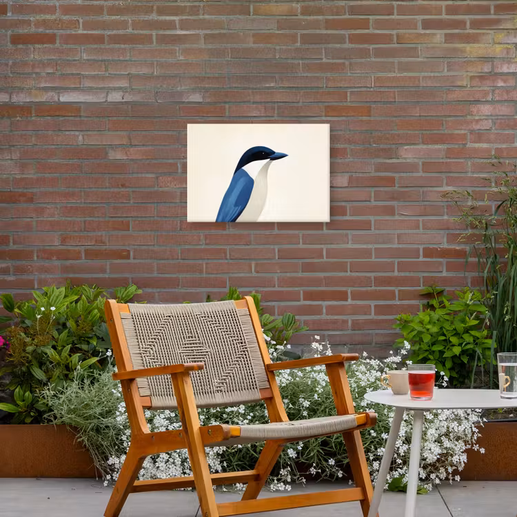 Illustratie - Blauw - Vogel Tuinposter op houten frame 2 cm dik klein -sfeer3