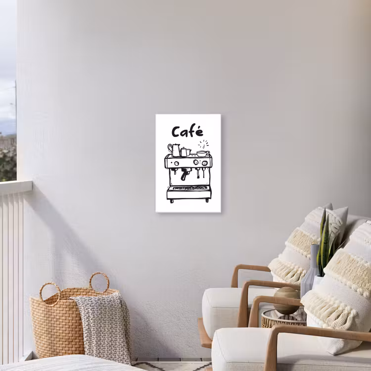 Illustratie - Café - Koffiemachine - Kopjes Tuinposter op houten frame 2 cm dik klein -sfeer1
