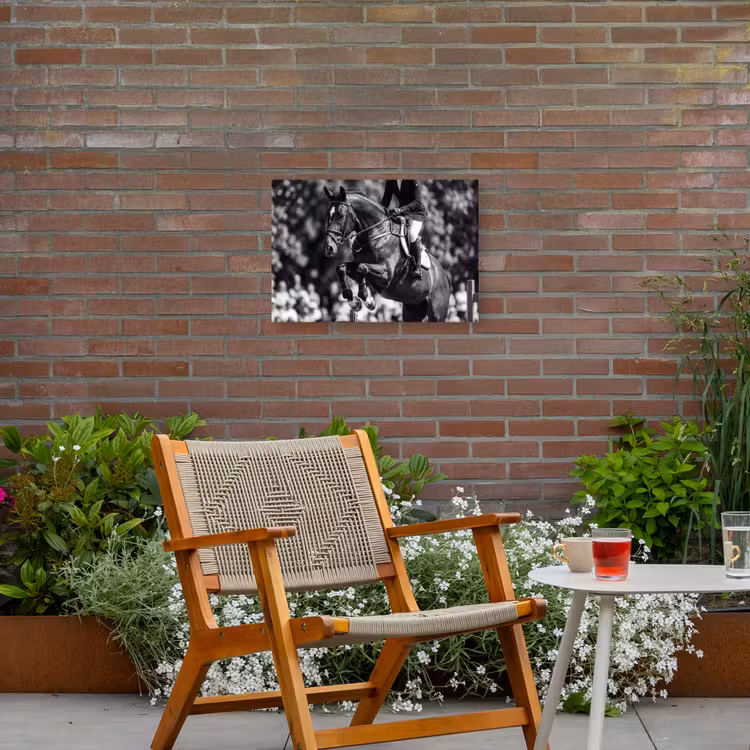 Springen - Paard - Zwart - Wit Tuinposter op houten frame 2 cm dik klein -sfeer3