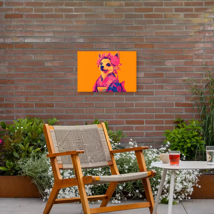 Kimono - Hondje - Bloemenkroon - Oranje Tuinposter op houten frame 2 cm dik klein -sfeer3