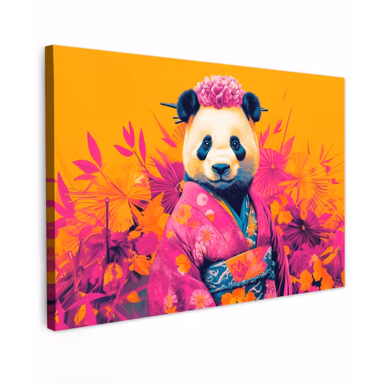 Kimono - Roze - Panda - Bloemenkroon Tuinposter op houten frame 2 cm dik klein -3d