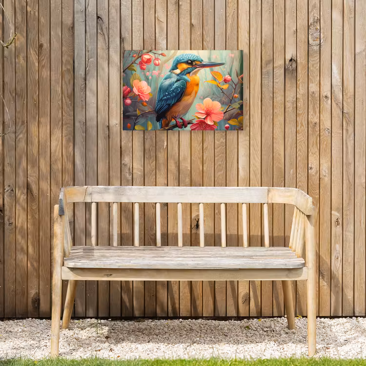 IJsvogel - Bloesem - Natuur - Vogels - Bloemen Tuinposter op houten frame 2 cm dik klein -sfeer4