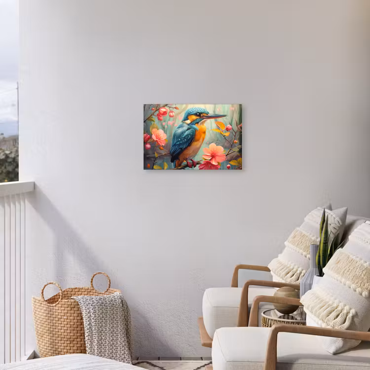 IJsvogel - Bloesem - Natuur - Vogels - Bloemen Tuinposter op houten frame 2 cm dik klein -sfeer1