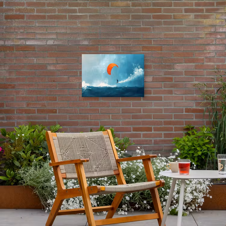 Kitesurfer - Oranje - Zee - Lucht Tuinposter op houten frame 2 cm dik klein -sfeer3