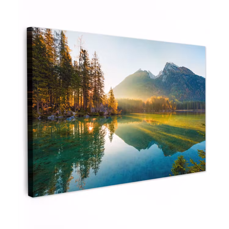 Meer - Bos - Bergen - Natuur - Zon - Landschap Tuinposter op houten frame 2 cm dik klein -3d