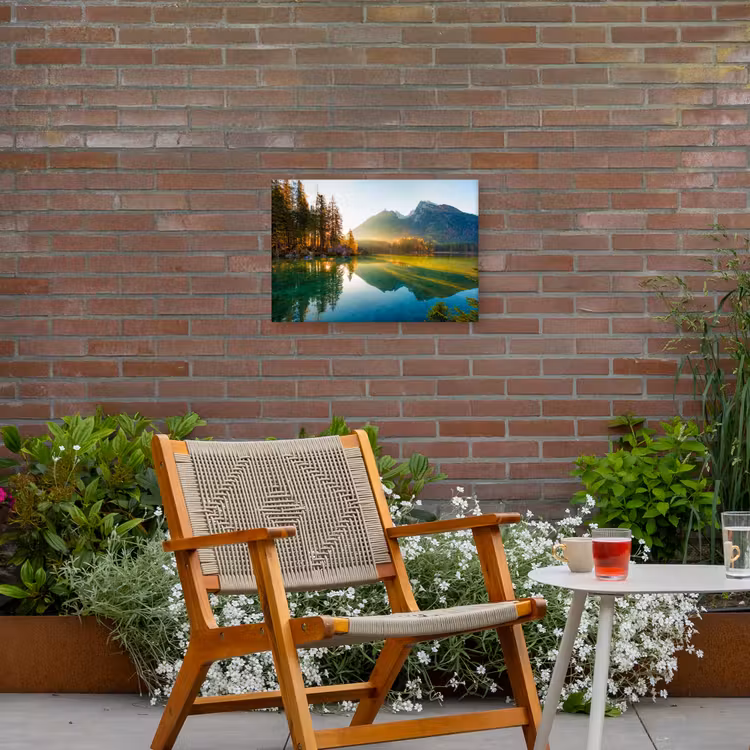 Meer - Bos - Bergen - Natuur - Zon - Landschap Tuinposter op houten frame 2 cm dik klein -sfeer3