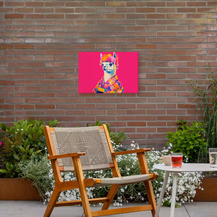 Lama - Kimono - Bloemenkrans - Felroze Tuinposter op houten frame 2 cm dik klein -sfeer3