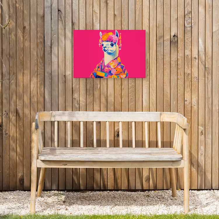 Lama - Kimono - Bloemenkrans - Felroze Tuinposter op houten frame 2 cm dik klein -sfeer4