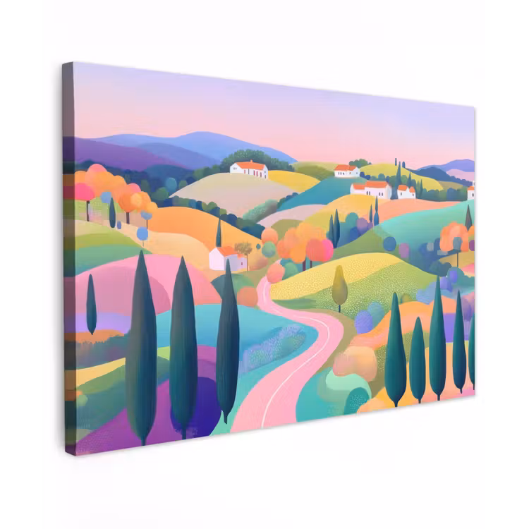 Landschap - Paars - Pastel - Huizen Tuinposter op houten frame 2 cm dik klein -3d