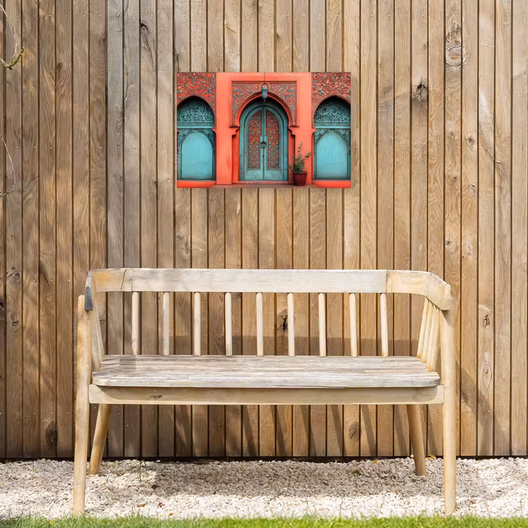 Lantaarn - Deur - Turquoise Tuinposter op houten frame 2 cm dik klein -sfeer4