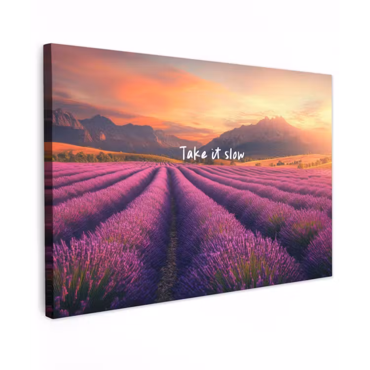 Lavendelveld - Quote - Zonsondergang Tuinposter op houten frame 2 cm dik klein -3d