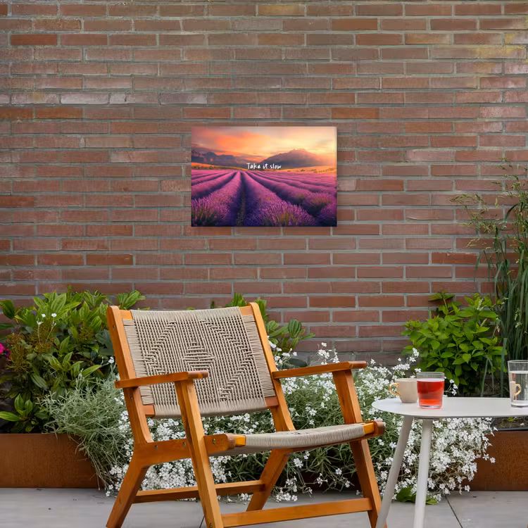 Lavendelveld - Quote - Zonsondergang Tuinposter op houten frame 2 cm dik klein -sfeer3