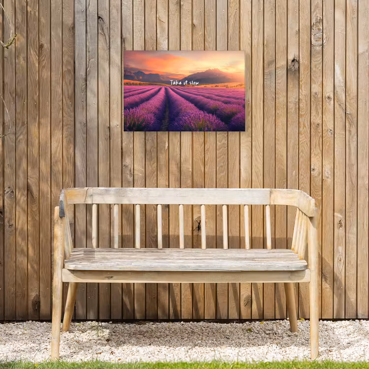 Lavendelveld - Quote - Zonsondergang Tuinposter op houten frame 2 cm dik klein -sfeer4