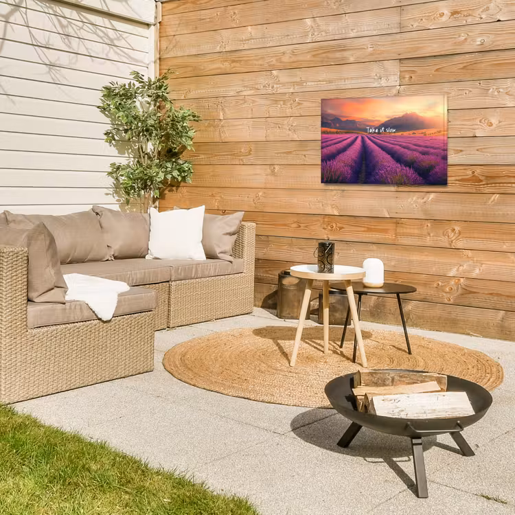 Lavendelveld - Quote - Zonsondergang Tuinposter op houten frame 2 cm dik klein -sfeer2