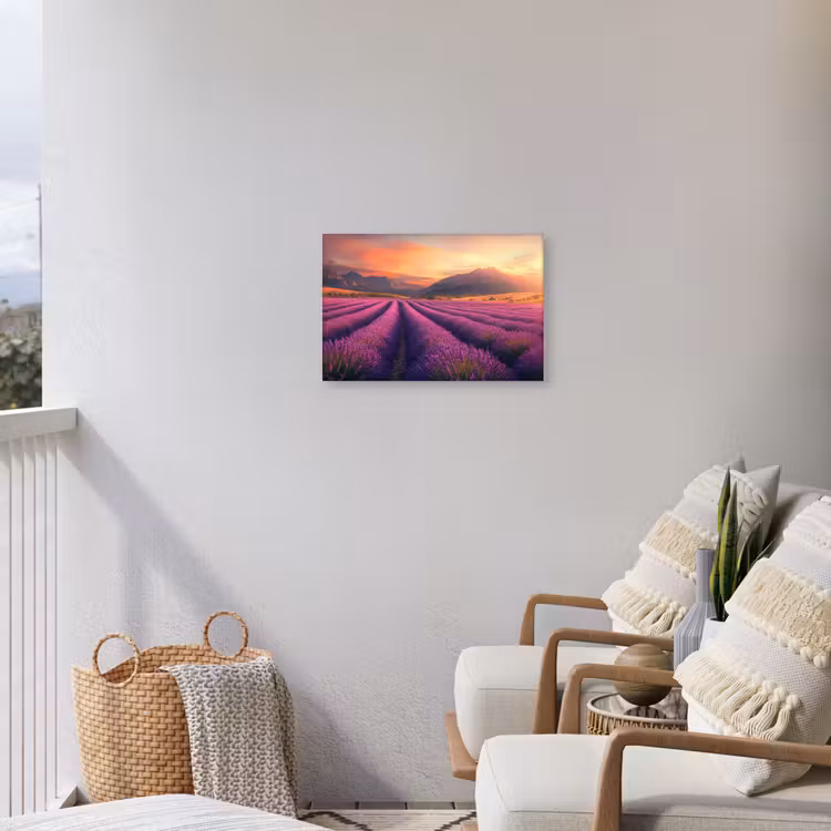 Lavendelveld - Zonsondergang - Paars Tuinposter op houten frame 2 cm dik klein -sfeer1
