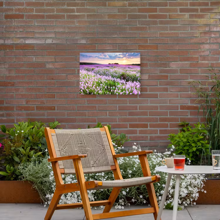 Lavendel - Bloemen - Zonsondergang - Paars - Weide Tuinposter op houten frame 2 cm dik klein -sfeer3