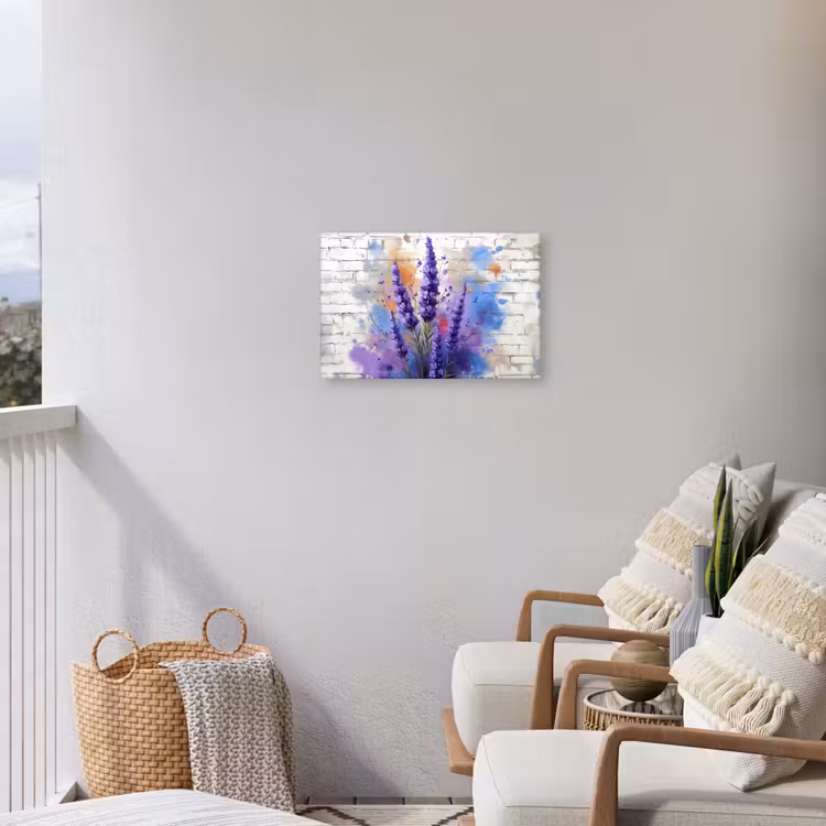 Lavendel op Witte Bakstenen Muur Tuinposter op houten frame 2 cm dik klein -sfeer1