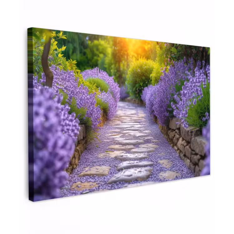 Lavendelpad bij zonsondergang Tuinposter op houten frame 2 cm dik klein -3d
