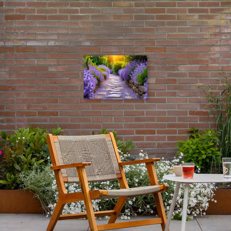 Lavendelpad bij zonsondergang Tuinposter op houten frame 2 cm dik klein -sfeer3