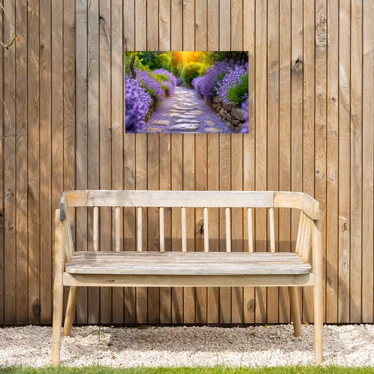 Lavendelpad bij zonsondergang Tuinposter op houten frame 2 cm dik klein -sfeer4