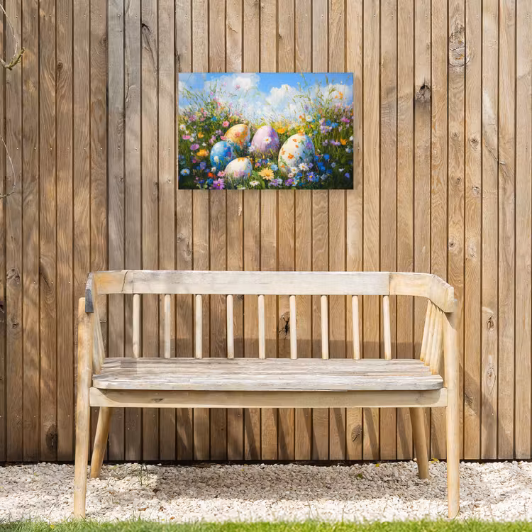 Grasveld - Eieren - Bloemen Tuinposter op houten frame 2 cm dik klein -sfeer4