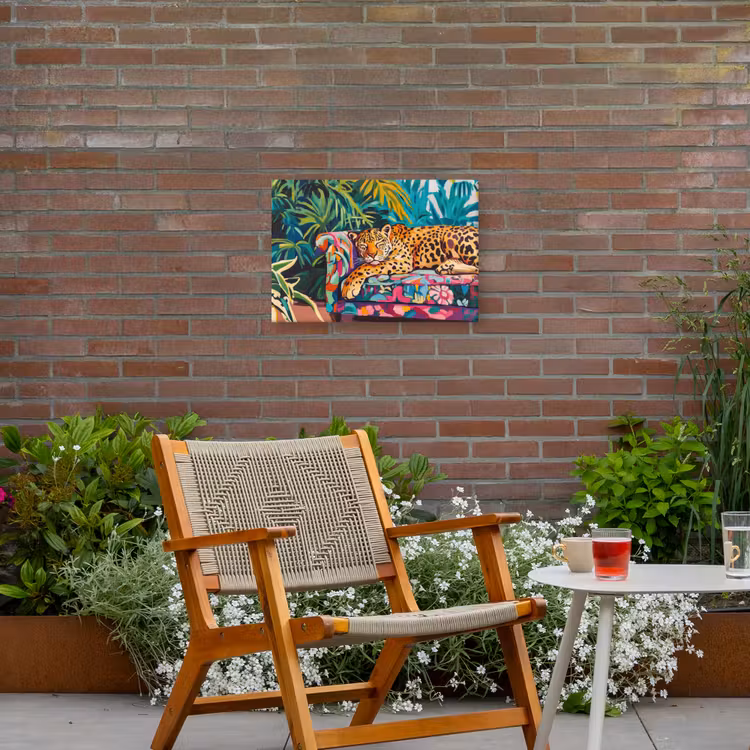 Luipaard - Kleurrijk - Tropisch Tuinposter op houten frame 2 cm dik klein -sfeer3