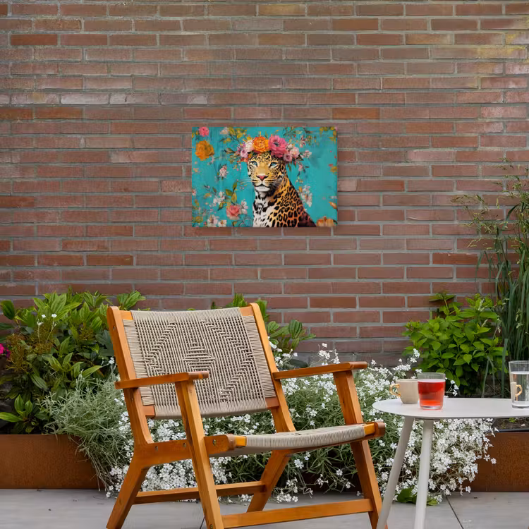 Luipaard - Bloemen - Kroon Tuinposter op houten frame 2 cm dik klein -sfeer3