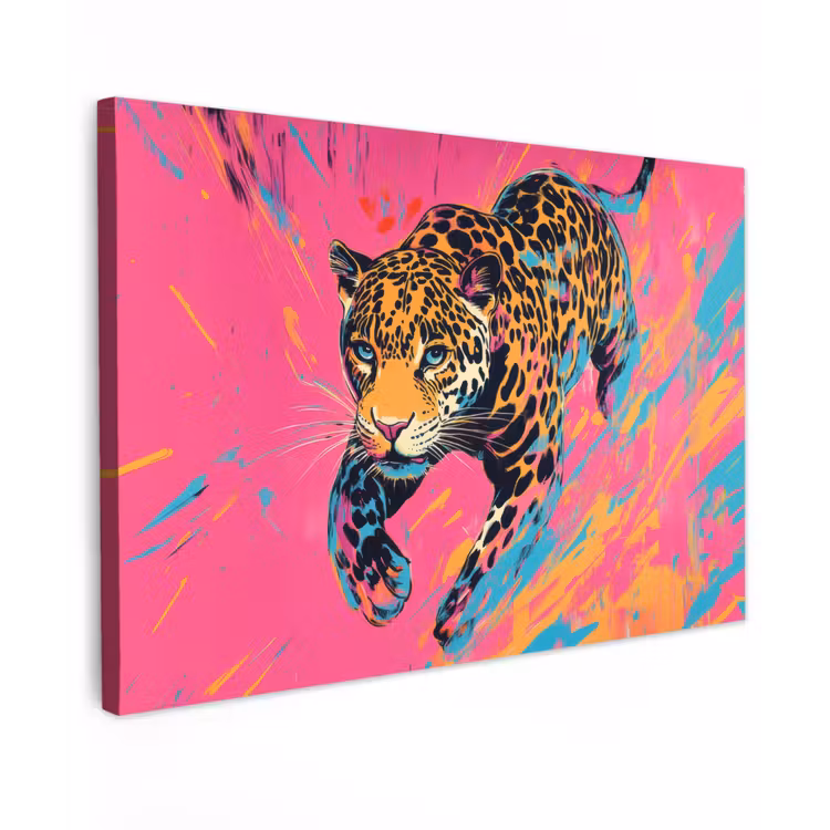 Luipaard - Roze - Oranje - Blauw - Verf Tuinposter op houten frame 2 cm dik klein -3d