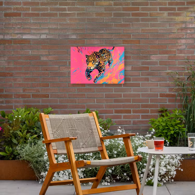 Luipaard - Roze - Oranje - Blauw - Verf Tuinposter op houten frame 2 cm dik klein -sfeer3