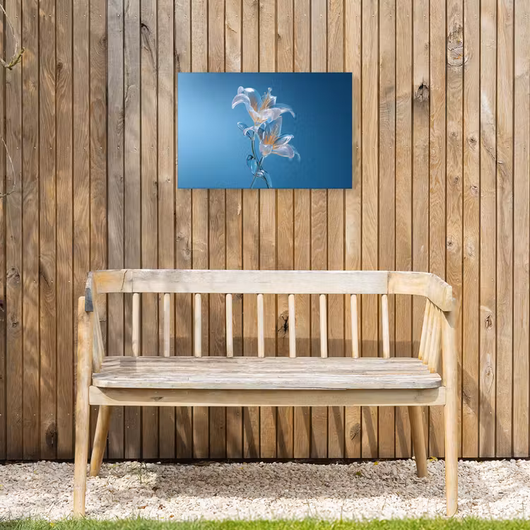Lelies - Blauw - Glazen Tuinposter op houten frame 2 cm dik klein -sfeer4