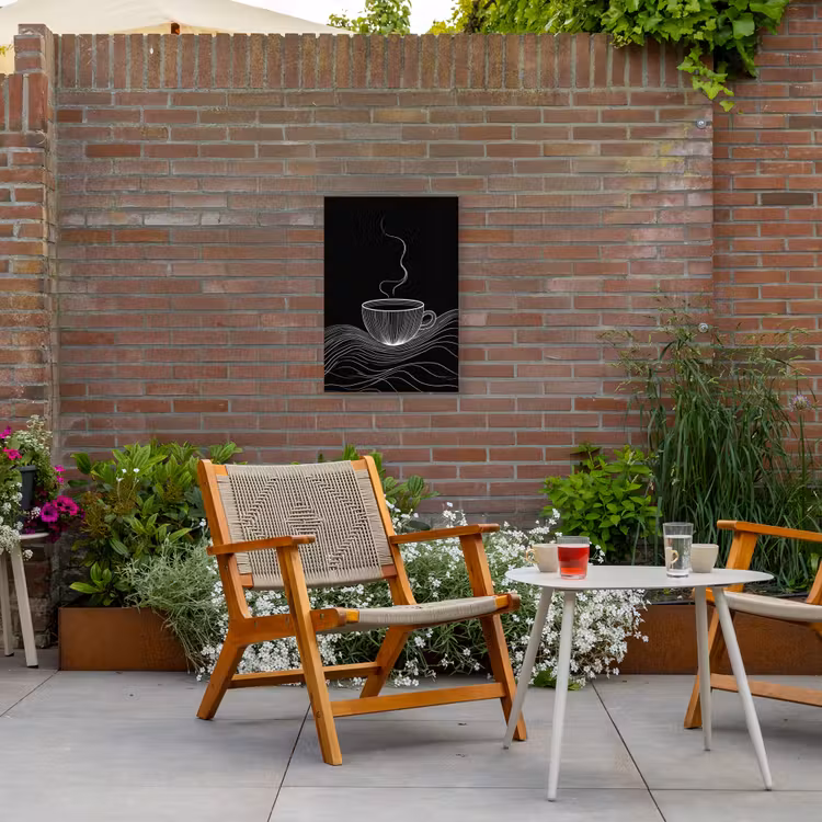 Lijntekening - Koffiekop - Zwart Tuinposter op houten frame 2 cm dik klein -sfeer3