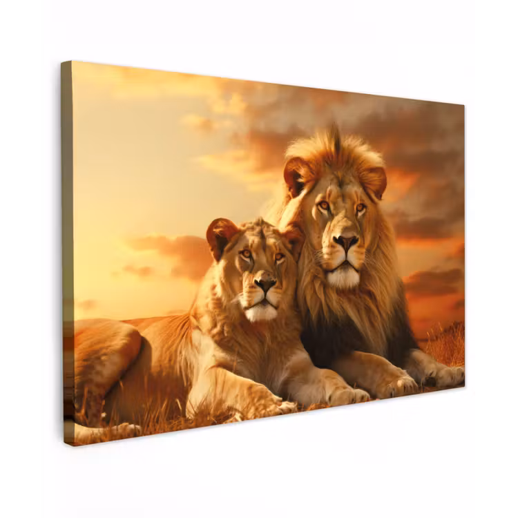 Leeuwenpaar bij zonsondergang Tuinposter op houten frame 2 cm dik klein -3d