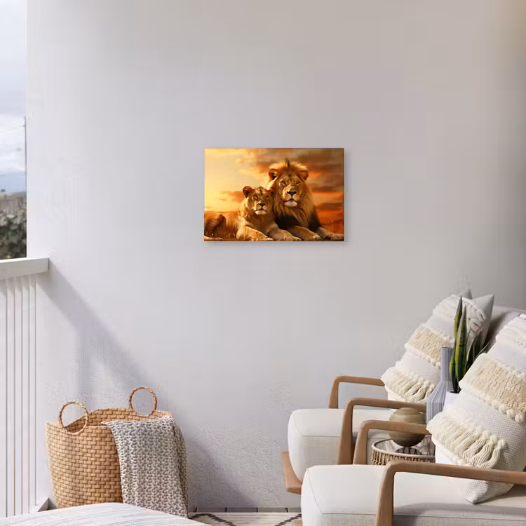 Leeuwenpaar bij zonsondergang Tuinposter op houten frame 2 cm dik klein -sfeer1