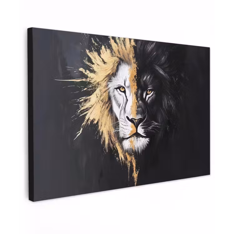 Leeuw - Gesplitst - Zwart - Lijn Tuinposter op houten frame 2 cm dik klein -3d