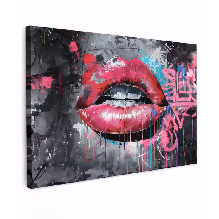 Lippen - Felroze - Graffiti - Verfstrepen Tuinposter op houten frame 2 cm dik klein -3d