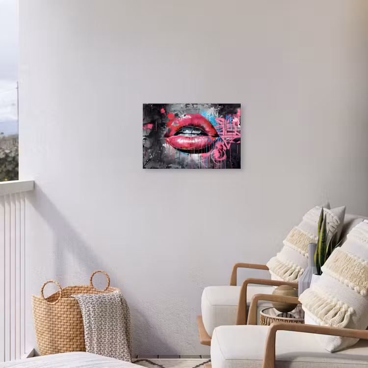 Lippen - Felroze - Graffiti - Verfstrepen Tuinposter op houten frame 2 cm dik klein -sfeer1