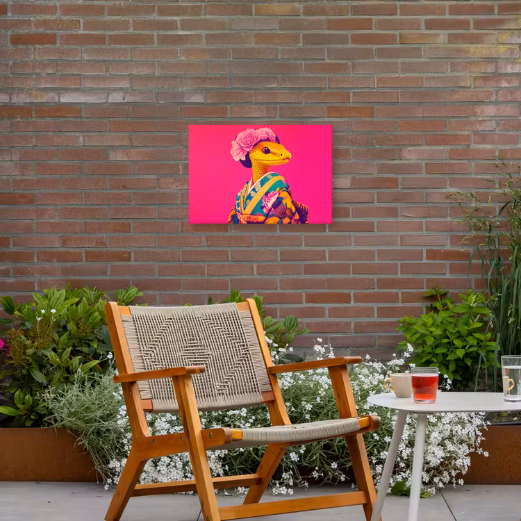 Hagedis - Bloemen - Roze - Kimono Tuinposter op houten frame 2 cm dik klein -sfeer3