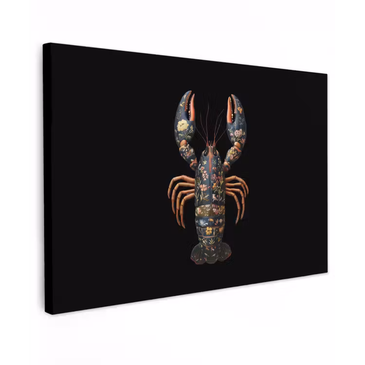 Kreeft - Zwart - Bloemenpatroon - Artistiek Tuinposter op houten frame 2 cm dik klein -3d